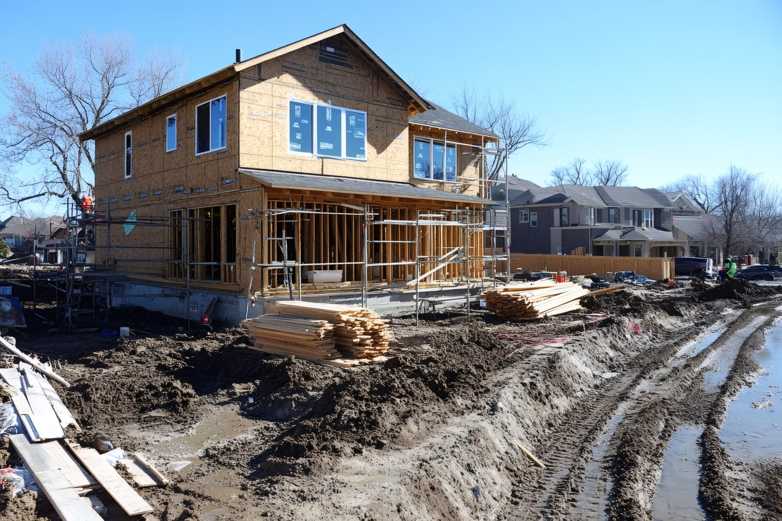 House construction site with materials and scaffolding in a suburban neighborhood