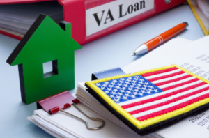 What Is a VA Construction Loan and How Does It Work - VA Construction Loan - VA Construction Loan VA construction loan concept showing custom home build plans, U.S. flag